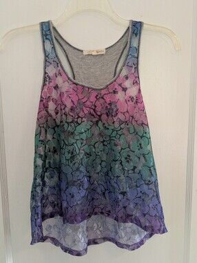 Women's S Sleeveless Razorback Tank Top Sheer Floral High Low Lace Pink Green